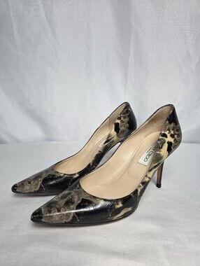 Jimmy Choo "Romy 85" Patent Leather Black & Cream Marble Green Heel Pumps 8.5